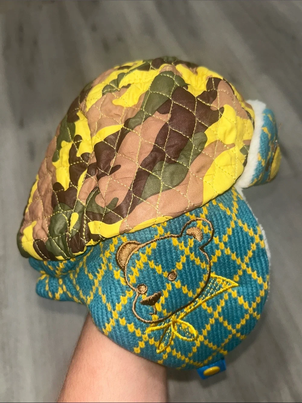 Bila Kids Yellow & Teal Quilted Bear Earflap Hat NWT